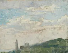Landscape with view of Perchtoldsdorf by Josef Engelhart probably, oil on canvas on cardboard, sold Apr 2022