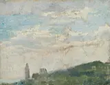 Josef Engelhart probably, Landscape with view of Perchtoldsdorf, oil on canvas on cardboard