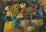 Wilhelm Kaufmann, Daffodils and azaleas, c. 1953, oil on press board