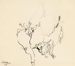 Bullfight by Kurt Moldovan, 1964, India ink on paper, sold Apr 2022
