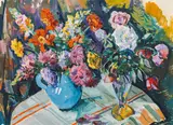 Wilhelm Kaufmann, Asters, roses and snapdragon, c. 1950, oil tempera on paper on press board
