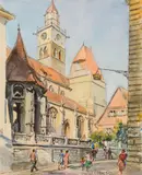 Herta Czoernig-Gobanz, Überlingen am Bodensee, Dom mit Ölberg, 1954, watercolour on paper