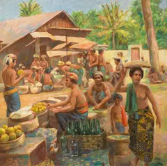 Market scene in Bali by Karl Viktor Mayr, 1932, oil on board, offered Apr 2022