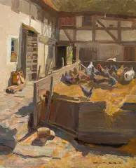 Demeter Koko, Chicken farm, oil on canvas on cardboard