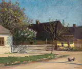 Tivadar J. Mousson, Village street with blossoming trees, oil on canvas; unframed