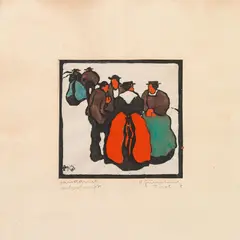 Herbert Gurschner, Village gossip, coloured woodcut on paper