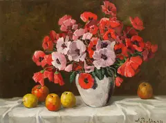 Anton Peschka, Floral and fruit still life, 1934, oil on canvas on cardboard