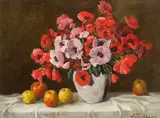 Anton Peschka, Floral and fruit still life, 1934, oil on canvas on cardboard