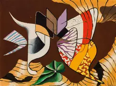 Butterfly between mountains by Herbert Bayer, 1945, oil on canvas on cardboard, sold Apr 2022