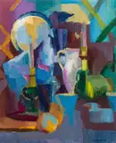 Elfy Haindl-Lapoirie, Nature morte bleue, oil on board