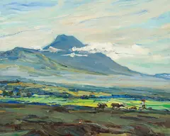 Emil Rizek, Balinese rice farmer, oil on cardboard