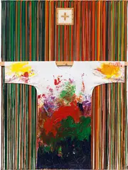 Hermann Nitsch, Bulk picture with painting shirt, 2011, acrylic on white-primed jute and cotton shirt; unframed