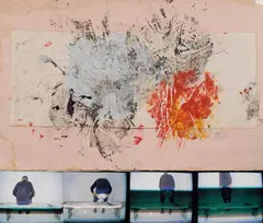 Rudolf Polanszky, Sitzbild, 1983/84, mixed media on paper and photos on panel; framed