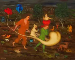 Die starken Frauen by Arik Brauer, oil on panel; framed, sold Apr 2022