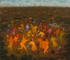 Arik Brauer, Mulatschag, oil on panel; framed