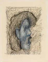 Head by Adolf Frohner, 1974, mixed media on paper; framed, sold Apr 2022