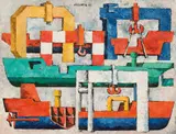 Egon Ferdinand Grabner, Zwei Lastkrähne II" (Monfalcone dockyard), 1975, oil on board; framed