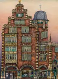 Karl Goldammer Strnad, The "Hulbe-Haus" in Hamburg, 1989, oil on panel; framed