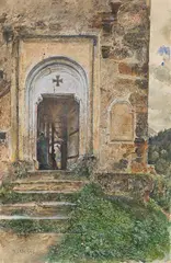 Rudolf von Alt, Entrance to the Gothic church of St. Nicholas in Gastein, 1898, watercolour on paper