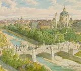 Franz Gerasch, View over the Wien River to St. Charles Church, watercolour on paper