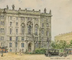 Haus der Kaufmannschaft" at Schwarzenbergplatz in Vienna by Rudolf Sagmeister, 1926, watercolour on paper, sold Mar 2022