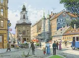Richard Pokorny, Vienna, "Wiedner Hauptstraße mit der Rauchfangkehrerkirche, watercolour, opaque white on paper
