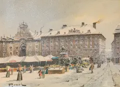 Franz Demel, Christmas market am Hof, Vienna, watercolour on paper