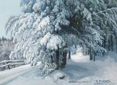 Karl Flieher, Winter motif near Mariazell, mixed media on paper