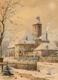 Karl Wenzel Zajicek, The Sievering Parish Church in Winter, watercolour and opaque white on paper