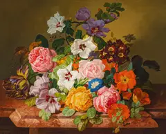 Leopold Zinnögger, Flower still life with roses and tulips, 1853, oil on canvas
