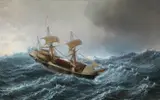 Jean-Baptiste Henri Durand-Brager, Three-masted ship in stormy seas, oil on canvas