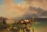 Crossing Lake Attersee with cattle and a horse by Edmund Mahlknecht, oil on canvas, offered Mar 2022