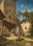 Georg Geyer, Hunters in the courtyard of Bruck Castle near Lienz, East Tyrol, 1874, oil on canvas