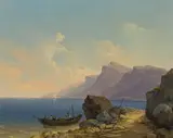 Markus Pernhart, Lakeside Landscape with Fishing Boats, c. 1848, oil on canvas