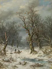 Remigius Adrianus Haanen, Brushwood collectors in the winter forest, oil on panel