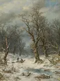 Remigius Adrianus Haanen, Brushwood collectors in the winter forest, oil on panel