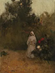 Fritz Rojka, Unter Blumen" (beneath flowers), oil on panel