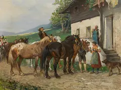 Julius von Blaas, Tyrolean farmers with horses in front of an inn, oil on canvas