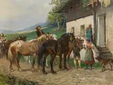 Julius von Blaas, Tyrolean farmers with horses in front of an inn, oil on canvas