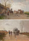 Robert Schleich, mixed lot 2 pieces: Arrival of the stagecoach / Carriage in the rain, 1897, oil on panel