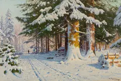 Walter Moras, Hunter in a winter forest, oil on canvas