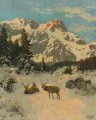 Josef Schmitzberger, Deer in a wintery mountain landscape, oil on canvas