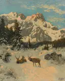 Josef Schmitzberger, Deer in a wintery mountain landscape, oil on canvas