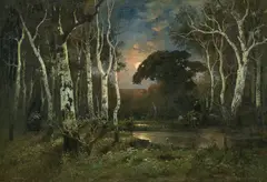 Adolf Kaufmann, Forest in moonlight, oil on canvas