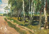 Birch forest by Wojciech Kossak, oil on cardboard, sold Mar 2022