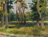 Landscape with trees by Wojciech Kossak, 1934, oil on cardboard, sold Mar 2022