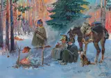 Resting soldiers in wintery forest by Wojciech Kossak, oil on cardboard, sold Mar 2022