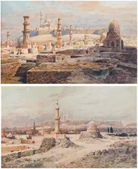Friedrich Frank, 2 views: View of the Tombs of the Caliphs in Cairo, watercolour on cardboard