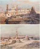 Friedrich Frank, 2 views: View of the Tombs of the Caliphs in Cairo, watercolour on cardboard