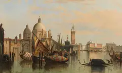St Clair Augustin Mulholland, Venice, traders arriving at Dogana da Mar, oil on canvas